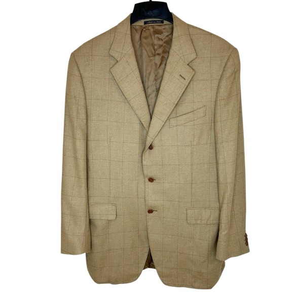 Trussini Wool Angora Sport Coat 46L 46 Long Tan Windowpane Blazer Jacket Luxury - Picture 1 of 9